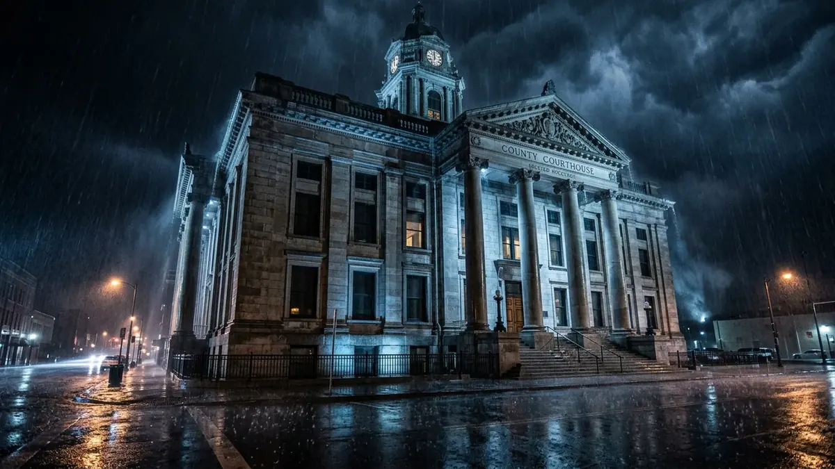 Lake County Courthouse at night in rain