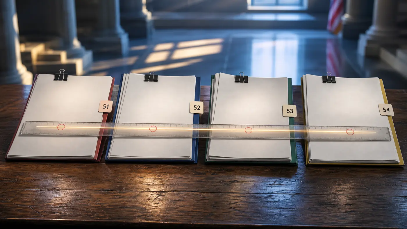 Four case folders tabbed 51, 52, 53 and 54 laid out on a courtroom bench