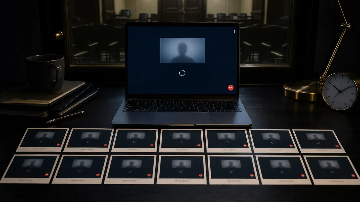 A laptop holding a video call waiting room above a grid of timestamped screenshots
