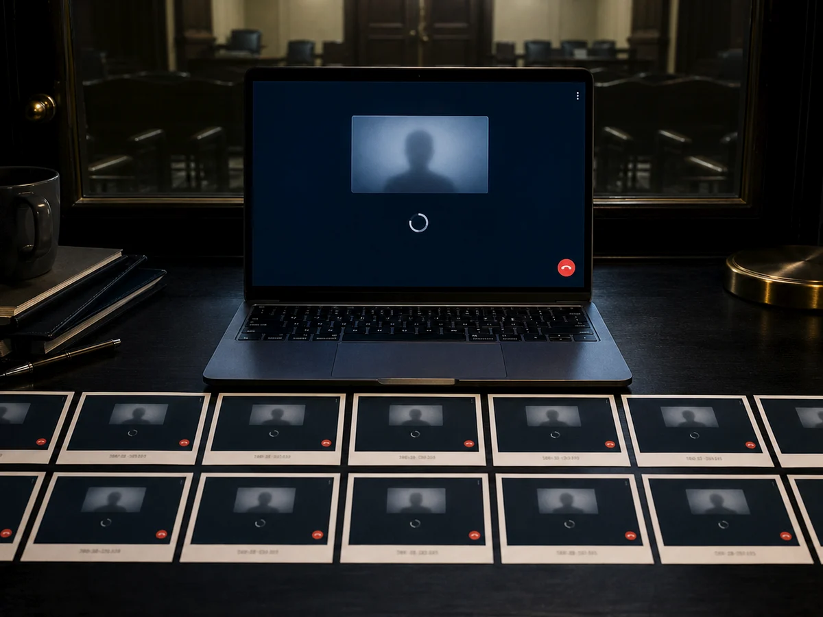 A laptop holding a video call waiting room above a grid of timestamped screenshots